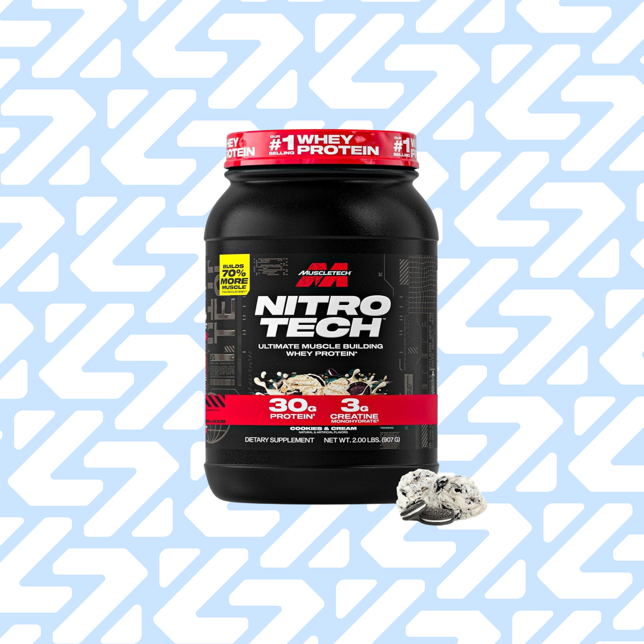 MUSCLETECH NITRO TECH WHEY PROTEIN 3G CREATINE 907G 2L COOKIES AND CREAM